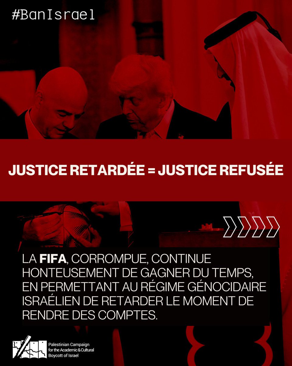 Campagnebds's tweet photo. Justice retardée = justice refusée

La @FIFAcom, corrompue, continue honteusement de gagner du temps, en permettant au régime génocidaire israélien de retarder le moment de rendre des comptes.

#NoRestForFIFA

@BDSmovement

1/3 https://t.co/AUNpQyc2dP