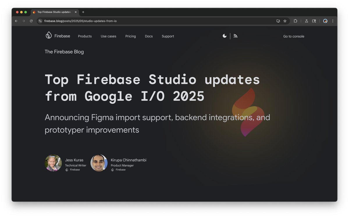 🍊 KIRUPA (@kirupa) on Twitter photo What's new in Firebase Studio at Google I/O:
🎨 Go from Figma to Firebase Studio (via <a href="/builderio/">Builder.io</a>)
🗳️ Backend integrations starting with Firestore and Auth
🖼️ Swap placeholder images with high-fi visuals
🔮 Build apps that generate images at runtime
📱 Generate prototypes on What's new in Firebase Studio at Google I/O:
🎨 Go from Figma to Firebase Studio (via <a href="/builderio/">Builder.io</a>)
🗳️ Backend integrations starting with Firestore and Auth
🖼️ Swap placeholder images with high-fi visuals
🔮 Build apps that generate images at runtime
📱 Generate prototypes on