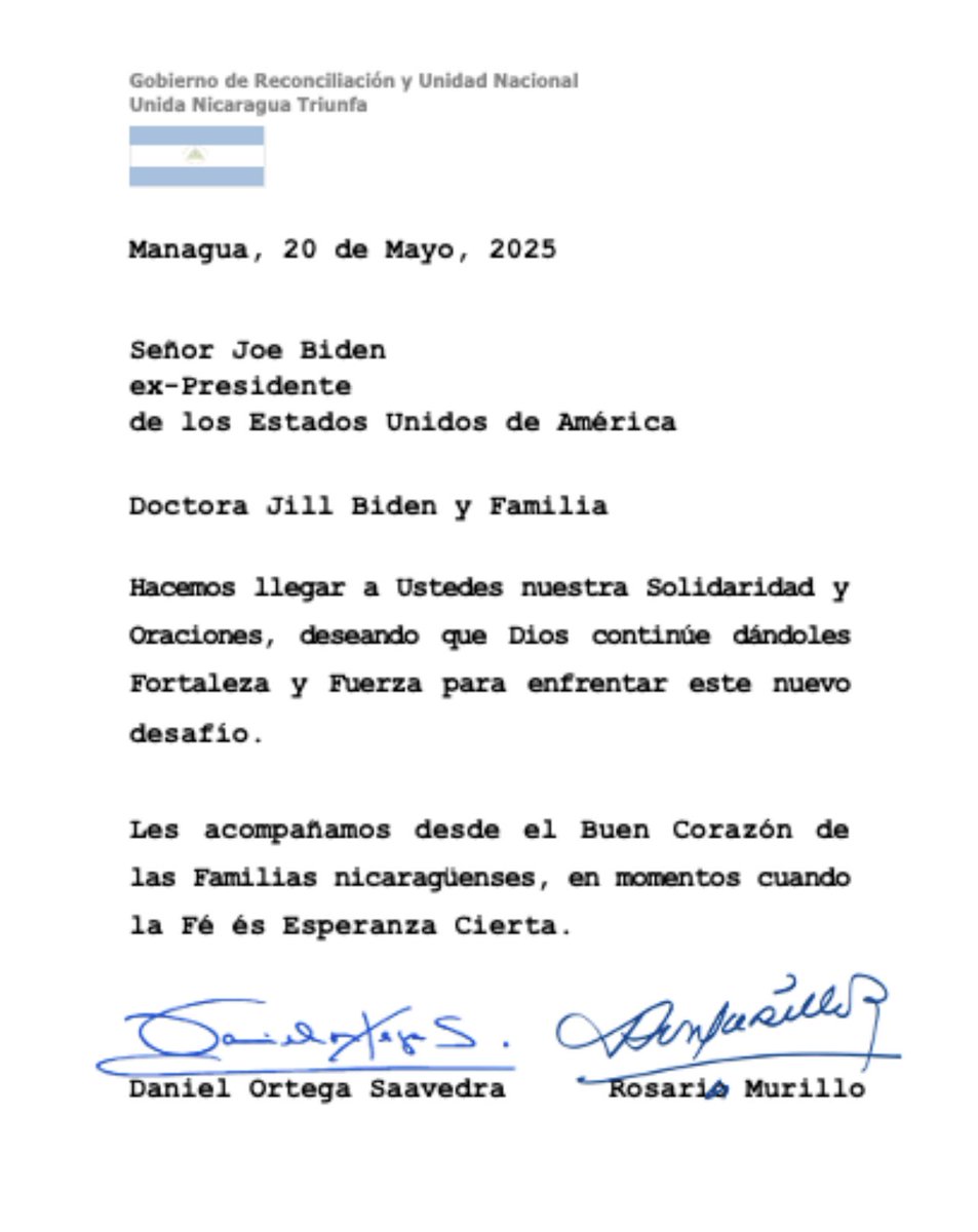 Los Copresidentes de Nicaragua, Daniel Ortega y  Rosario Murillo envían carta de solidaridad al Ex-Presidente de EEUU Joe Biden y la Dra. Jill Biden  deseándoles que “Dios continúe dándoles Fortaleza y Fuerza” después que el Expresidente fue diagnosticado con cancer de próstata.