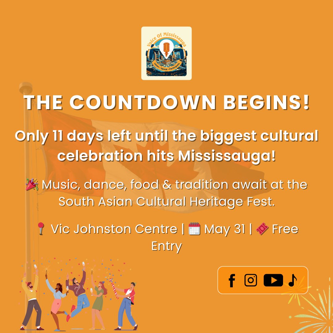 🌟The countdown begins!
In just 11 days, the heart of Mississauga will beat with the rhythm of South Asia!
🎉Mark your calendar: May 31 @ 2 PM
📍Vic Johnston Community Centre
🎟️Entry is FREE — bring your family and friends!
#voiceofmississauga #SouthAsianFest #MississaugaEvents