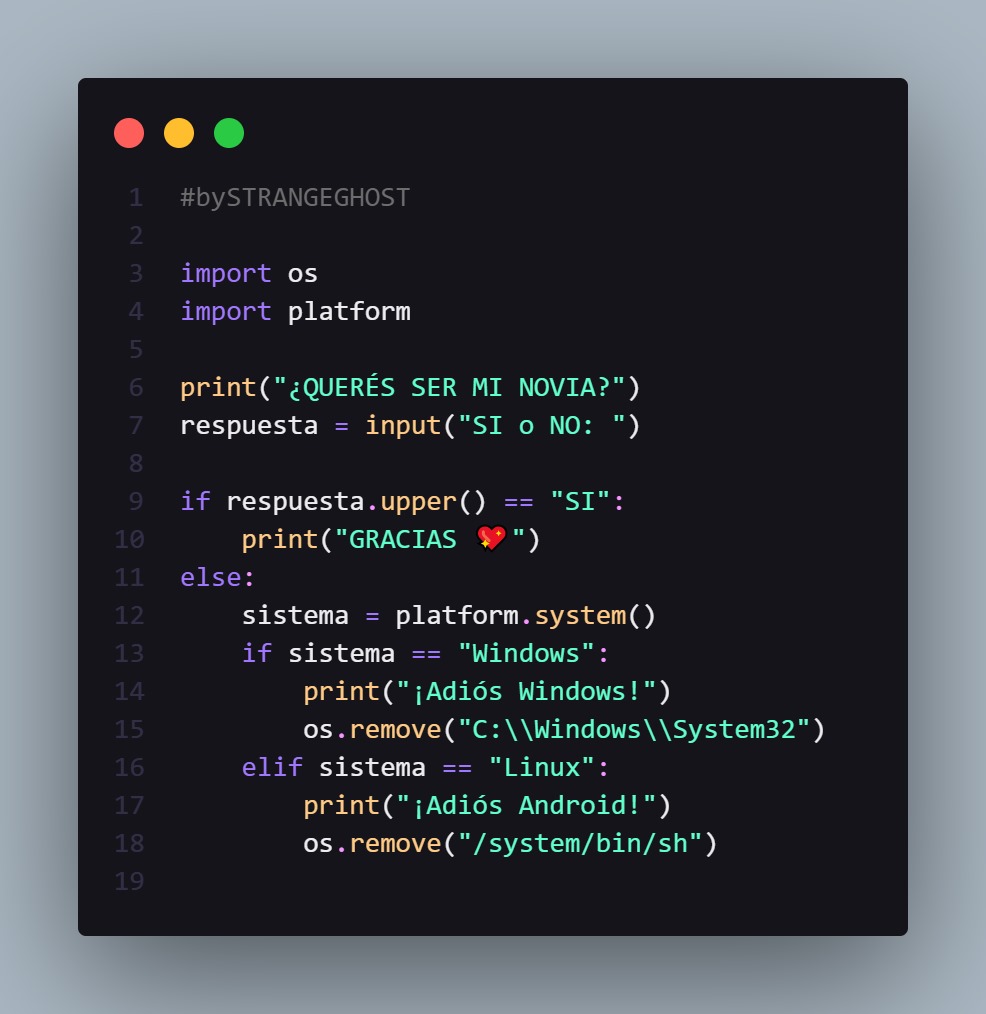 xSTRANGEGHOST's tweet image. 💻💔 "Aceptás... o tu sistema operativo no lo cuenta"
🚨 Advertencia para todos los que rechazan propuestas de amor de programadores
Este código no solo rompe corazones... también rompe Windows y Android si no decís que sí.
Humor 100% para geeks 🧠
#MemesDeCodigo #PythonHumor