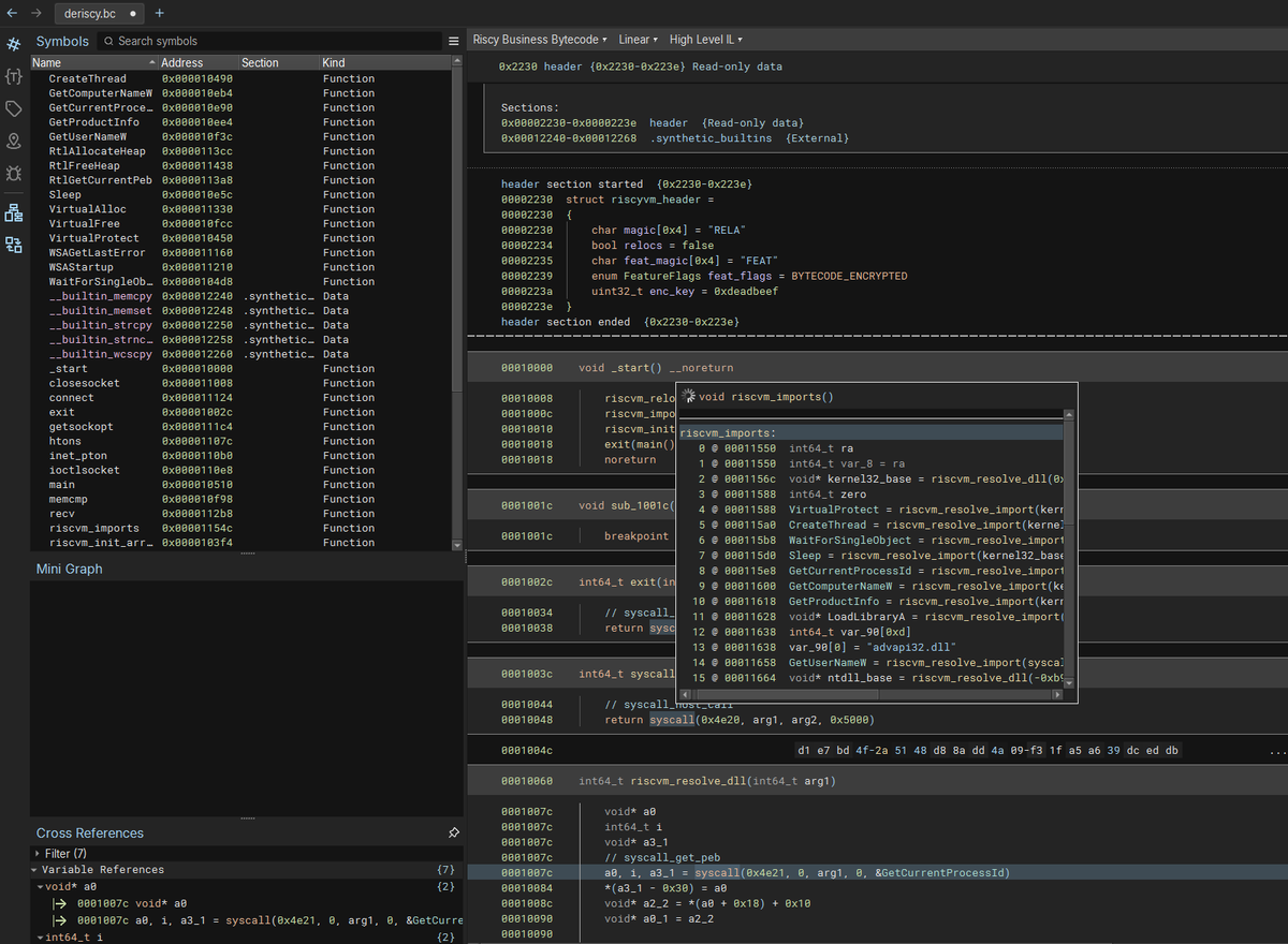 0xabc0's tweet image. I’ve developed a Binary Ninja plugin to load encrypted riscy-business bytecode. It locates the encryption key, decrypts the bytecode, auto-renames initial functions, resolves import table entries, and annotates VM-specific syscalls. An example binary is included in the repository