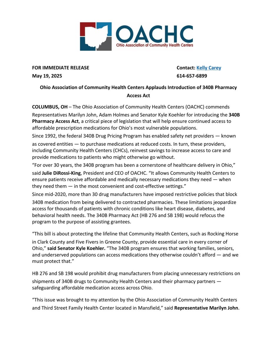 Ohiochc's tweet photo. OACHC applauds State Reps. John, Holmes, & State Sen. Koehler for introducing the 340B Pharmacy Access Act (HB 276 & SB 198) to ensure vulnerable populations can access life-saving medications. #340BPharmacyAccessAct #340B #LeadersInAction #ValueCHCs #FQHCs https://t.co/luCnD8XYdE