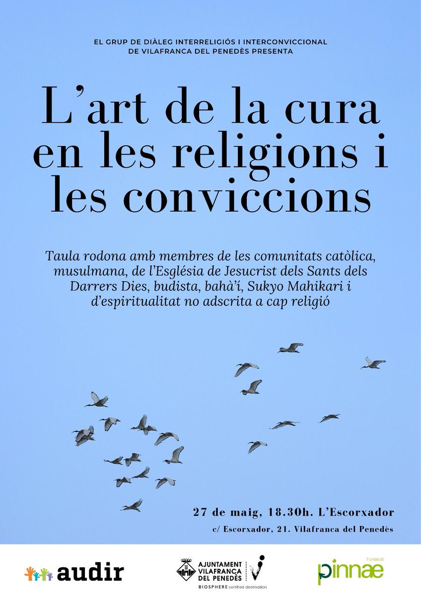Vols conèixer 'L'art de la cura en les religions i les conviccions'?

Vine a la taula rodona;
📅 27/05
🕢18.30 
🏣L'escorxador (Vilafranca del Penedès)

Amb membres de diverses comunitats i col·lectius del Grup de Diàleg Interreligiós i Interconviccional de Vilafranca.