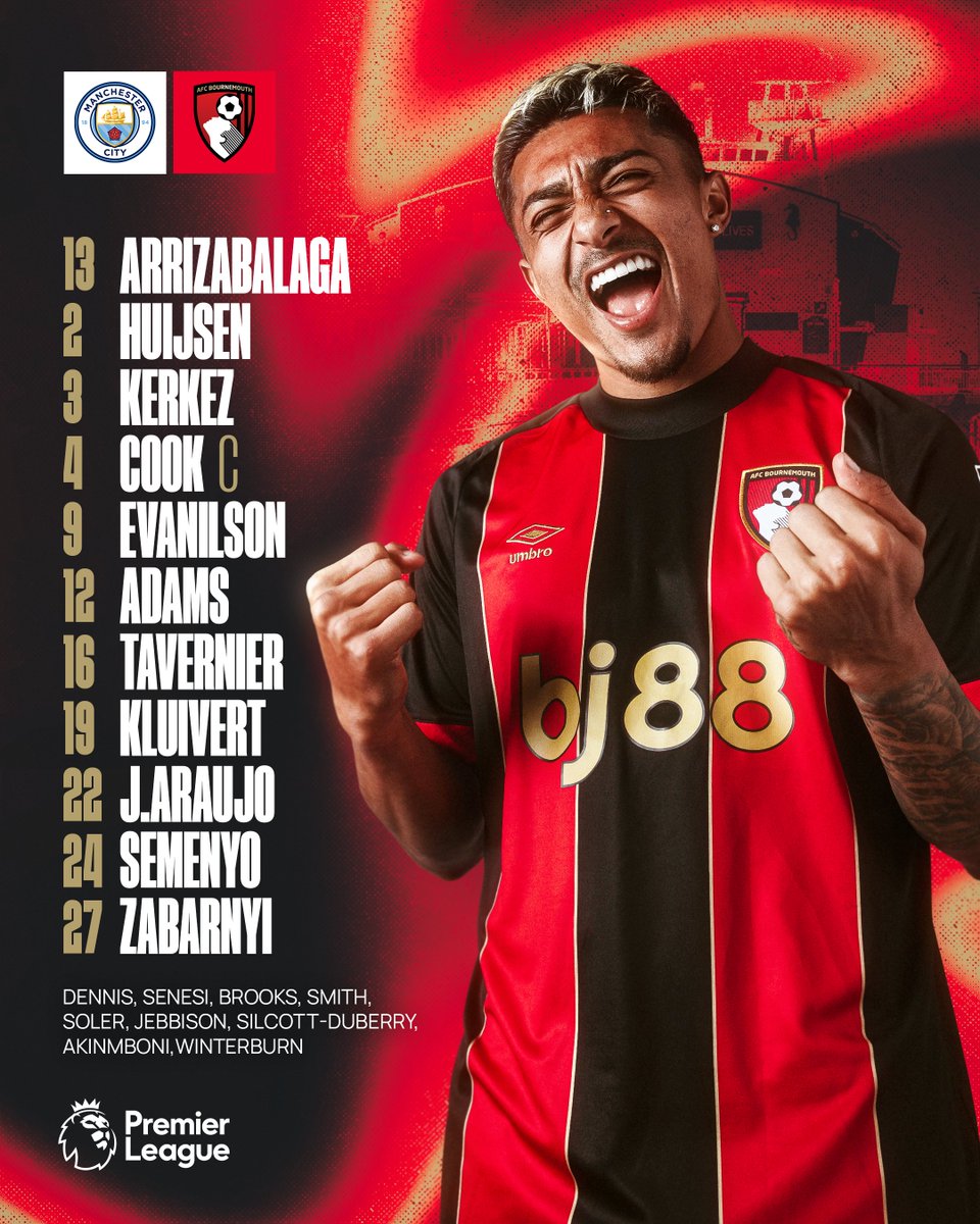 afcbournemouth's tweet photo. Our line-up for #MCIBOU 👊 https://t.co/Rg2e5waPho