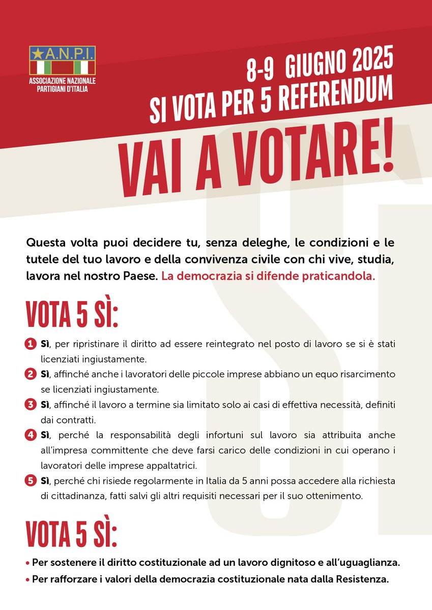 A.N.P.I. Nazionale (@anpinazionale) on Twitter photo 📣 Referendum 8 e 9 giugno:
✍️ VOTA 5 Sì per rafforzare i valori della democrazia costituzionale
Scarica e diffondi il nostro volantino. Lo trovi su anpi.it
<a href="/cgilnazionale/">CGIL Nazionale</a>
#Referendum2025
#InsiemeperilReferendum 📣 Referendum 8 e 9 giugno:
✍️ VOTA 5 Sì per rafforzare i valori della democrazia costituzionale
Scarica e diffondi il nostro volantino. Lo trovi su anpi.it
<a href="/cgilnazionale/">CGIL Nazionale</a>
#Referendum2025
#InsiemeperilReferendum