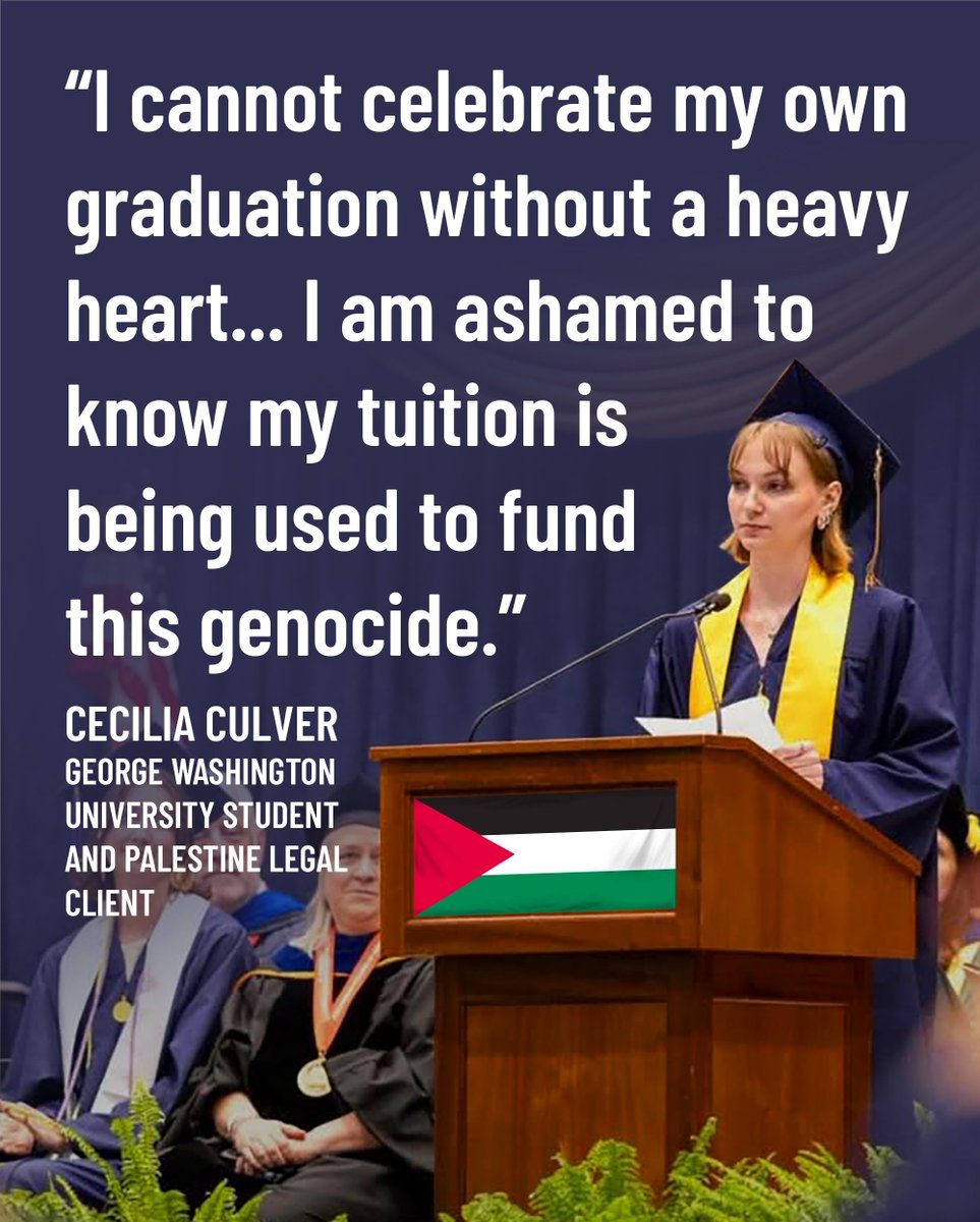 Palestine Legal client Cecilia Culver spoke out against Israel's genocide in Gaza during her graduation speech. 

Now, George Washington University has banned her from its property.

History will celebrate students like Cecilia — not the cogs in the machine of racist repression.