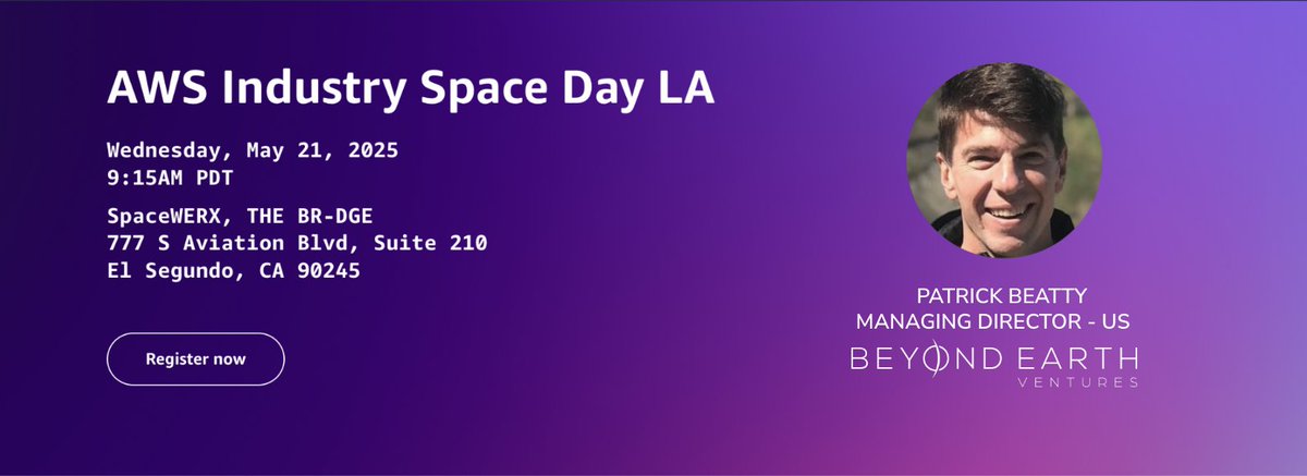 Beyond Earth Ventures (@beyondearthtech) on Twitter photo đJoin our star Patrick Beatty, Managing Director - US, who will be speaking at Amazon Web Services (<a href="/awscloud/">Amazon Web Services</a> ) Industry Space Day in Los Angeles on Wednesday, May 21, 2025!
Patrick will be diving into the cosmic deep end alongside these space industry leaders:
đ Lucy Hoag đJoin our star Patrick Beatty, Managing Director - US, who will be speaking at Amazon Web Services (<a href="/awscloud/">Amazon Web Services</a> ) Industry Space Day in Los Angeles on Wednesday, May 21, 2025!
Patrick will be diving into the cosmic deep end alongside these space industry leaders:
đ Lucy Hoag
