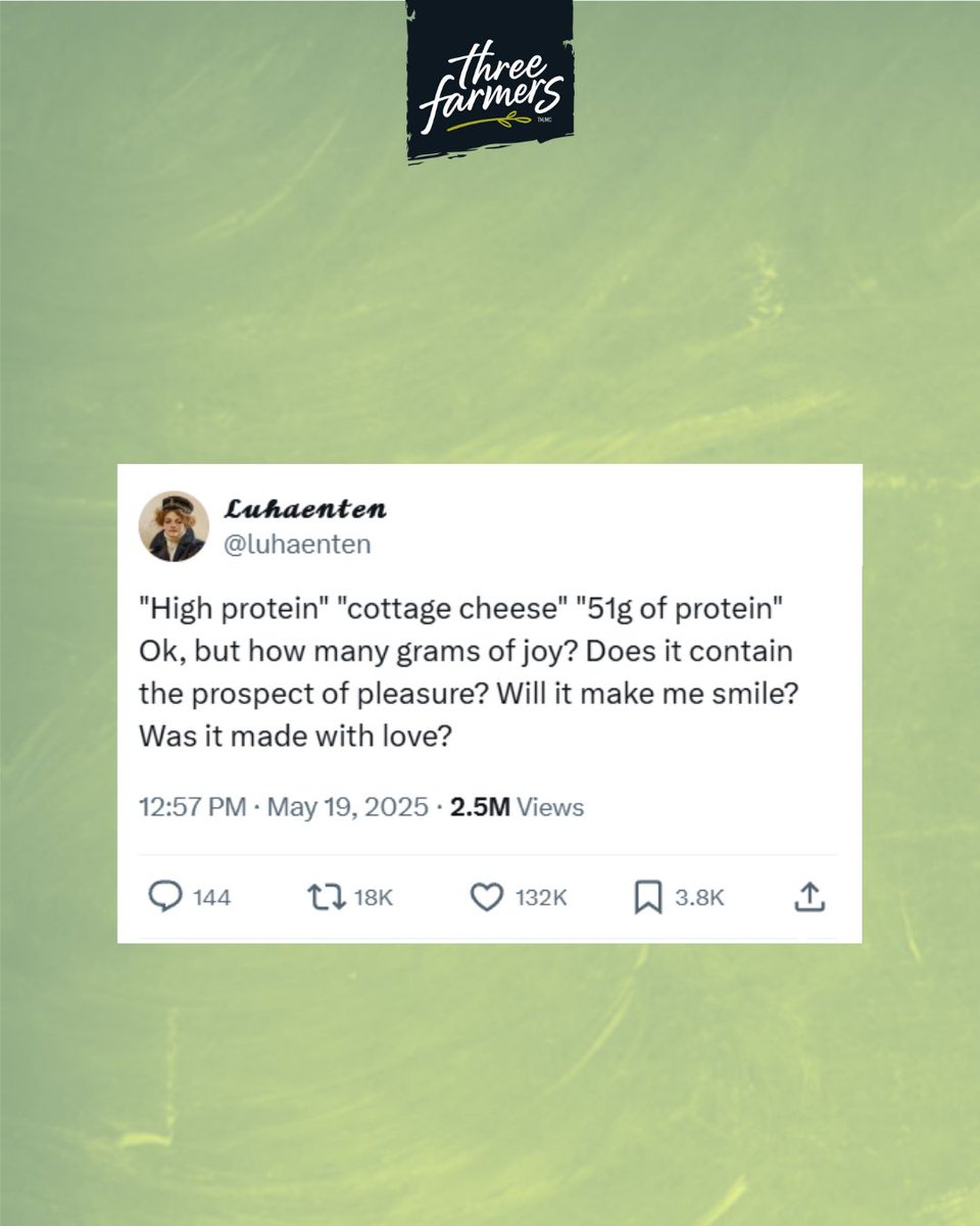 High protein? Check. Joy per bite? Absolutely.
Made with love in Canada? Always. 🍁 

At Three Farmers, our snacks aren't just packed with protein. They're full of flavour, purpose, and feel-good fuel. Stock up here: threefarmers.ca