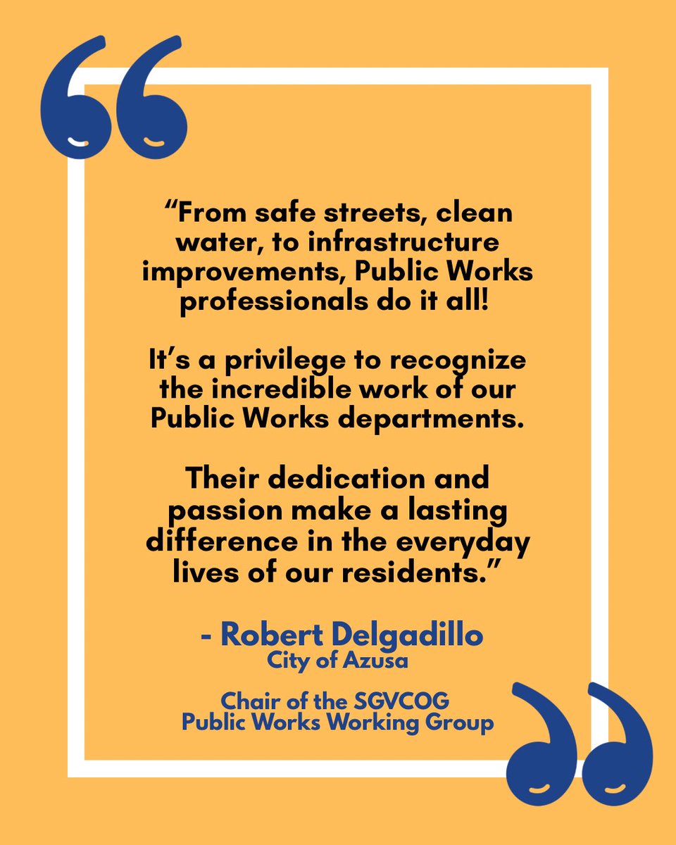 This #PublicWorksWeek, we're joining cities across America to celebrate the essential workers who keep our cities running.

SGVCOG Public Works Chair Robert Delgadillo stated: From safe streets, clean water, to infrastructure improvements, Public Works professionals do it all!