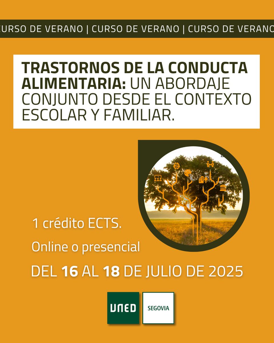 🧠 Trastornos de la conducta alimentaria: Un abordaje conjunto desde el contexto escolar y familiar🏫👨‍👩‍👧

📍 UNED Segovia / 💻 Online en directo o diferido
📅 Del 16 al 18 de julio de 2025

Matricula en: extension.uned.es/actividad/44167

#TCA #EducaciónParaLaSalud #Prevención #UNEDSegovia