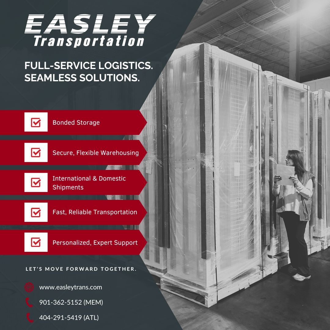 EasleyTransport's tweet photo. Need more than just shipping? We’ve got you covered.
Whether you're importing goods or managing domestic distribution, we make logistics simple, efficient, and stress-free.
Based in Memphis, TN &amp; Atlanta, GA | Serving clients nationwide
Let’s move forward together. https://t.co/hFOLezkus2