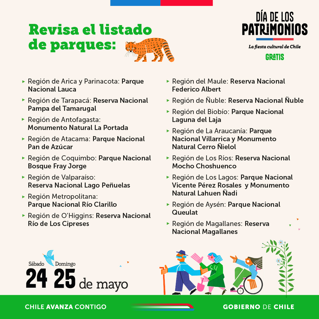 Ministerio de Agricultura de Chile 🇨🇱 (@minagricl) on Twitter photo ¡No te quedes fuera! 🍃✨
👉Este 24 y 25 de mayo de invitamos a visitar alguno de los 18 #ParquesNacionales de <a href="/conaf_minagri/">CONAF - Corporación Nacional Forestal</a> que tendrán acceso gratuito en el #DíaDeLosPatrimonios 🏞️
☑️ Recuerda ingresar a pasesparques.cl y usar el código PATRIMONIOS2025 para obtener ¡No te quedes fuera! 🍃✨
👉Este 24 y 25 de mayo de invitamos a visitar alguno de los 18 #ParquesNacionales de <a href="/conaf_minagri/">CONAF - Corporación Nacional Forestal</a> que tendrán acceso gratuito en el #DíaDeLosPatrimonios 🏞️
☑️ Recuerda ingresar a pasesparques.cl y usar el código PATRIMONIOS2025 para obtener