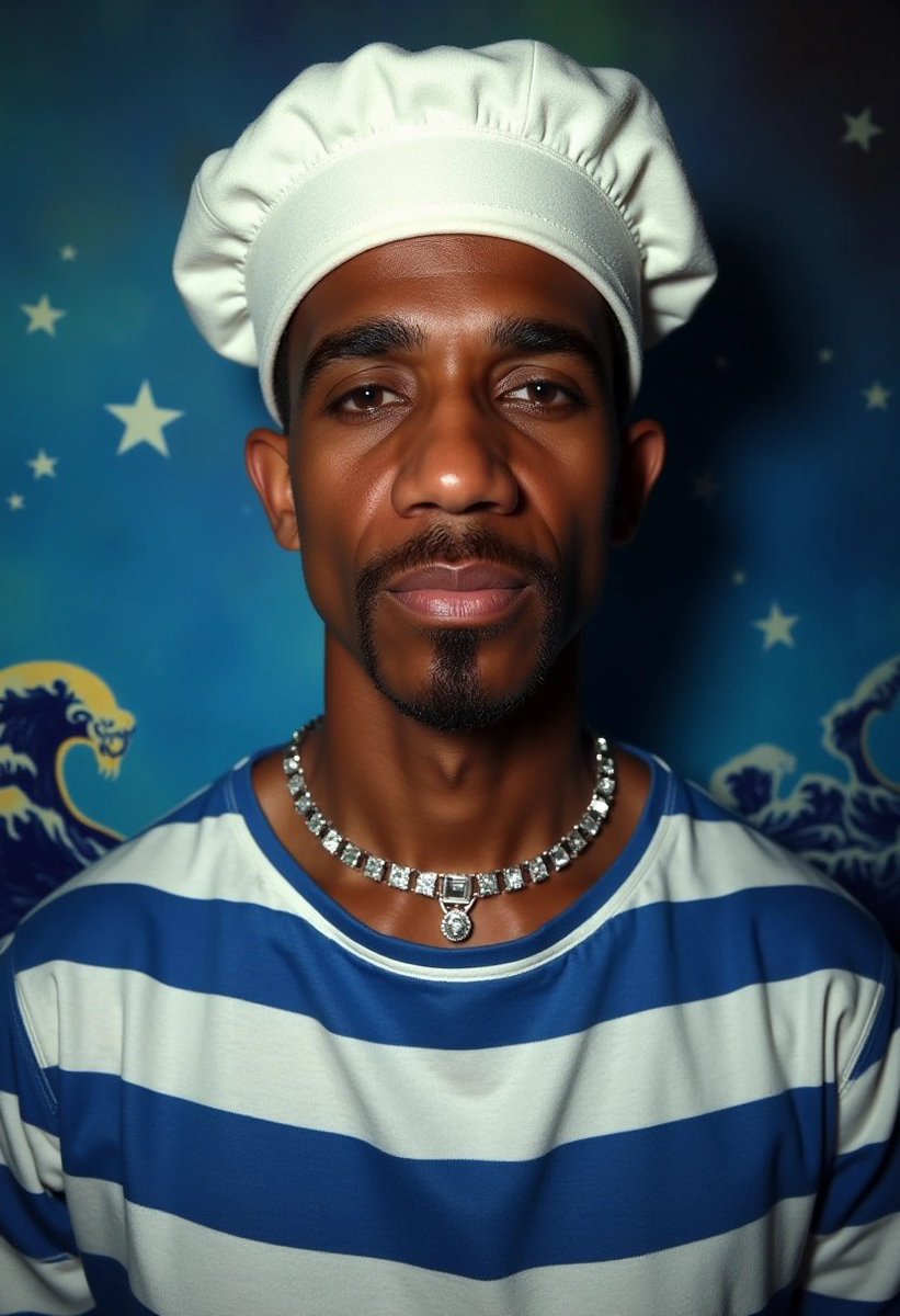 kubryck's tweet image. #AIart #portraitstyle #chefvibes #stripedshirt #fashionstatement #diamondnecklace #selfportrait    #darkskinbeauty #stylishman #surrealbackground #fluxdev #digitalportrait #blueaesthetic #starsandwaves #uniquecharacter #futuristicfashion