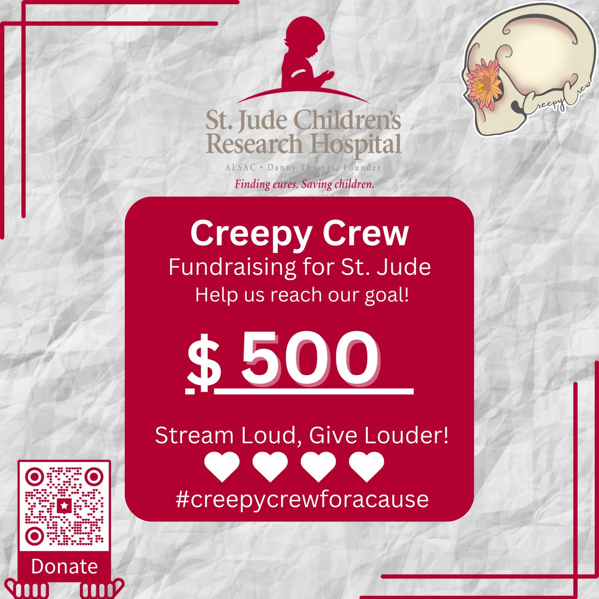 🎗 STREAM LOUD, GIVE LOUDER! 🩷
Join the Creepy Crew this weekend (May 23–25) as we raise money for St. Jude Children’s Research Hospital!
We’re aiming for $500 to help fight childhood cancer and support families in need.
Whether you tune in, donate, or spread the word—you’re