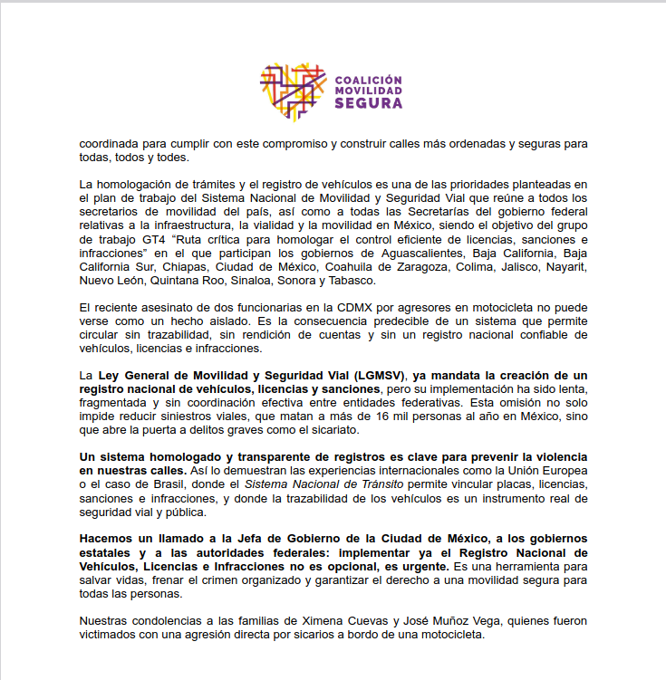 Ante el atroz asesinato de dos funcionarios públicos de alto nivel en #CDMX a manos de sicarios a bordo de una motocicleta urgimos a poner orden en el registro de vehículos, placas y licencias a nivel nacional.