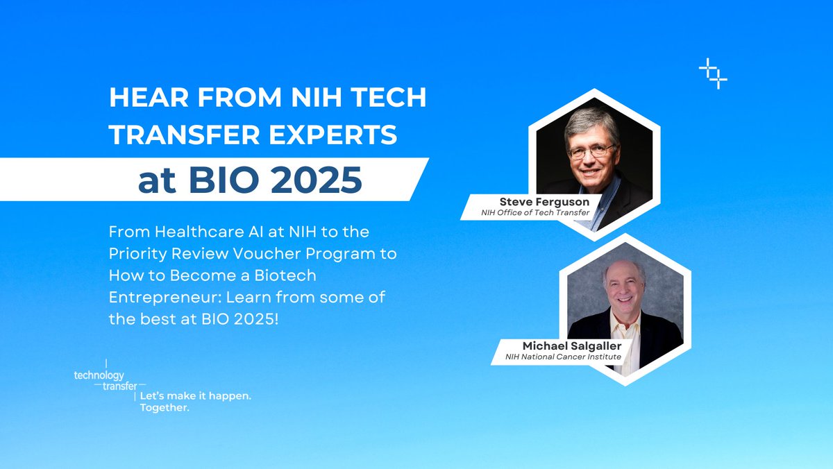 Hear from two of NIH Technology Transfer’s experts at BIO! 

You can learn more about these opportunities on our website: go.nih.gov/5xfvAtf

#BIO2025 #BioTechnology #MedTech #BiotechEntrepreneur #HealthcareInnovation