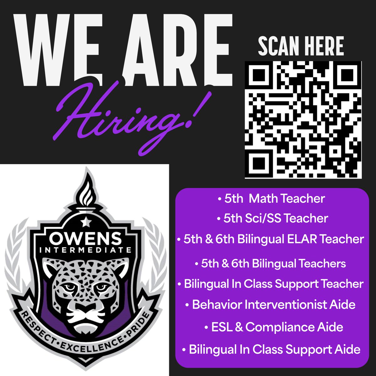 <a href="/OwensInt/">Owens Intermediate</a> we are hiring dynamic &amp; passionate educators!

Make an impact. Inspire minds. Join our family. Scan &amp; Apply Today! <a href="/AliefISD/">Alief ISD</a> 
#WeAreOwens #AliefISD #RespectExcellencePride