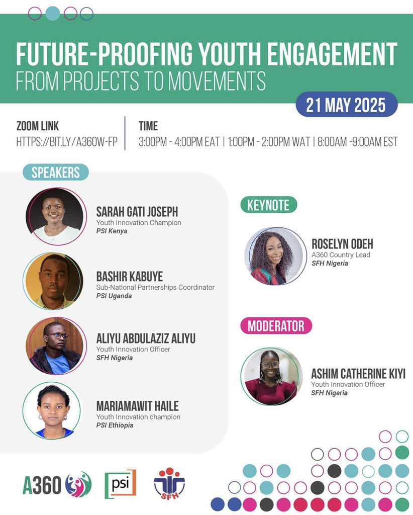 Get ready for deep dives into:
*Innovative models from across West Africa
*Lessons from A360 and the people driving the change
Amongst others key areas
Hear from excellent speakers like: Roselyn Odeh

register: bit.ly/3ScLUf8
#adolescent360 #MAYE #YOUTHS #A360