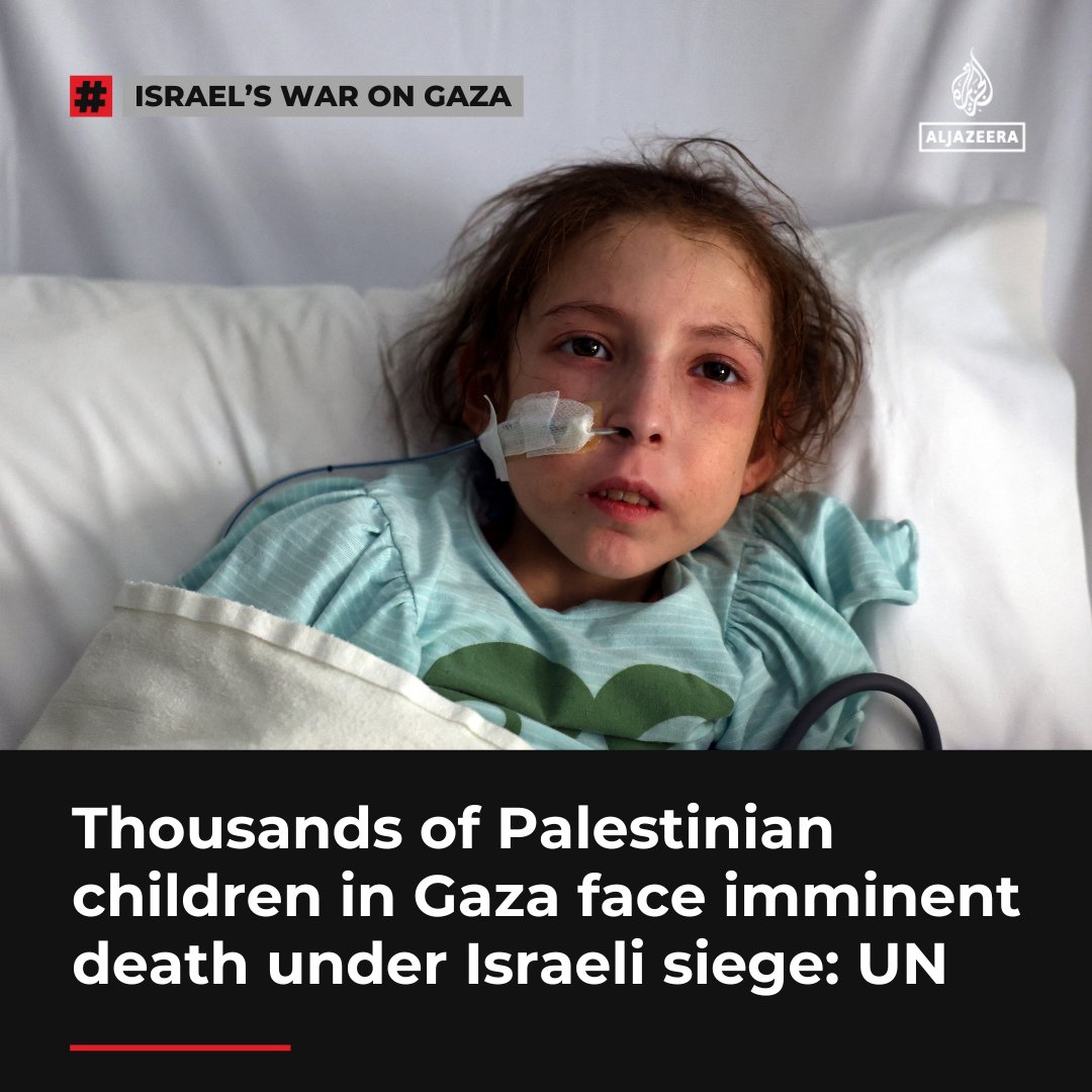 AJEnglish's tweet photo. Thousands of Palestinian children in Gaza at risk of imminent death after a nearly three-month total Israeli blockade on the besieged enclave, which has spread famine, warns UN relief chief Tom Fletcher.

Read more: https://t.co/sQsZLVHdmz https://t.co/ariAJY9e28
