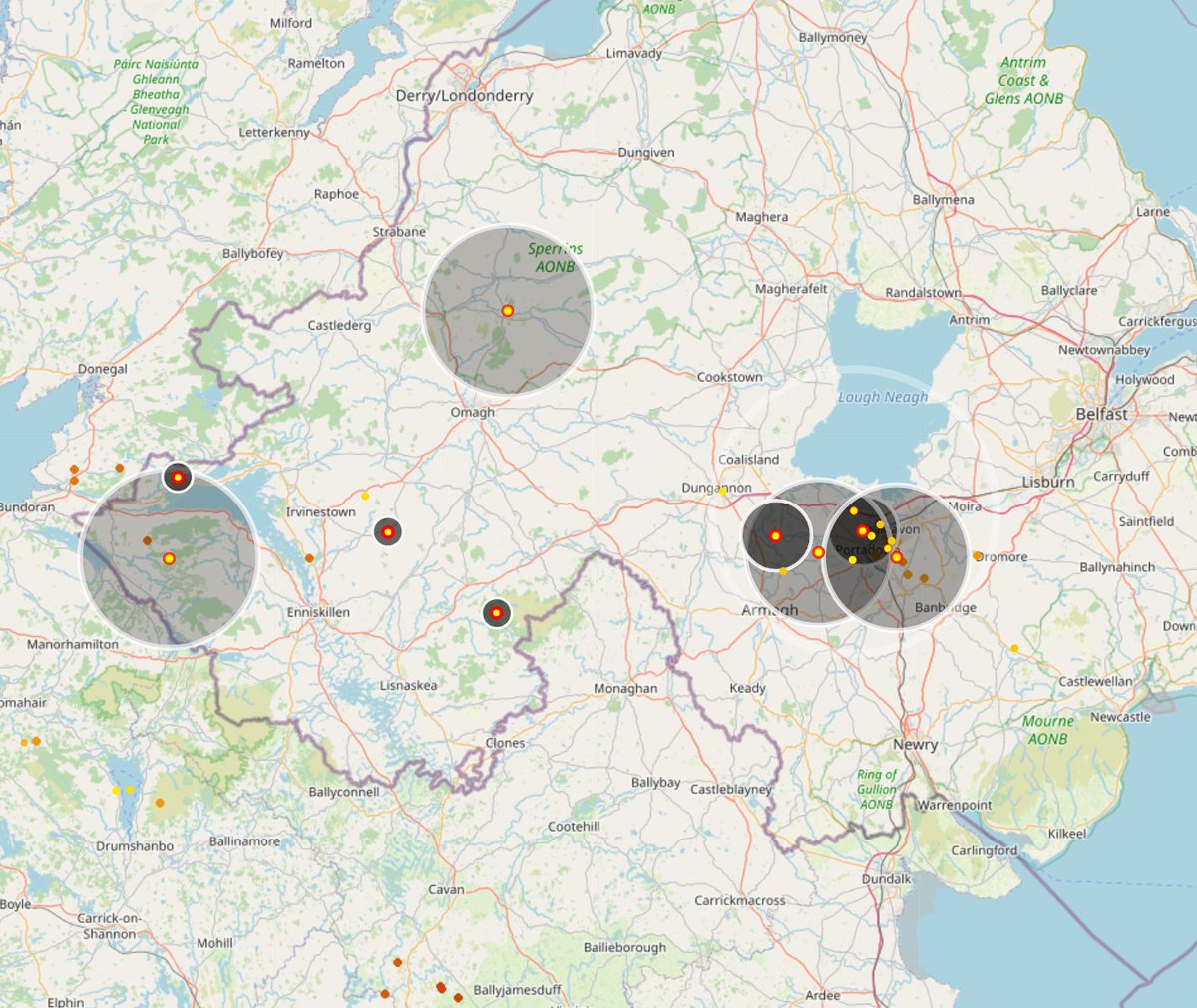 Thunderstorm coverage is increasing over Northern Ireland now, helped by the outflow of decaying storms further south.