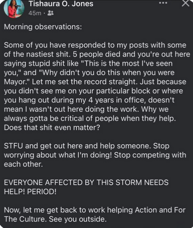 🤡👇 A post from former St.Louis Mayor Tishaura Jones .. Seething and nasty..  Someone needs to tell her everyone is on to the scam non profit Action St.Louis,all the new non registered fictitious names they use. Look up this non profit she's promoting! RACIST !