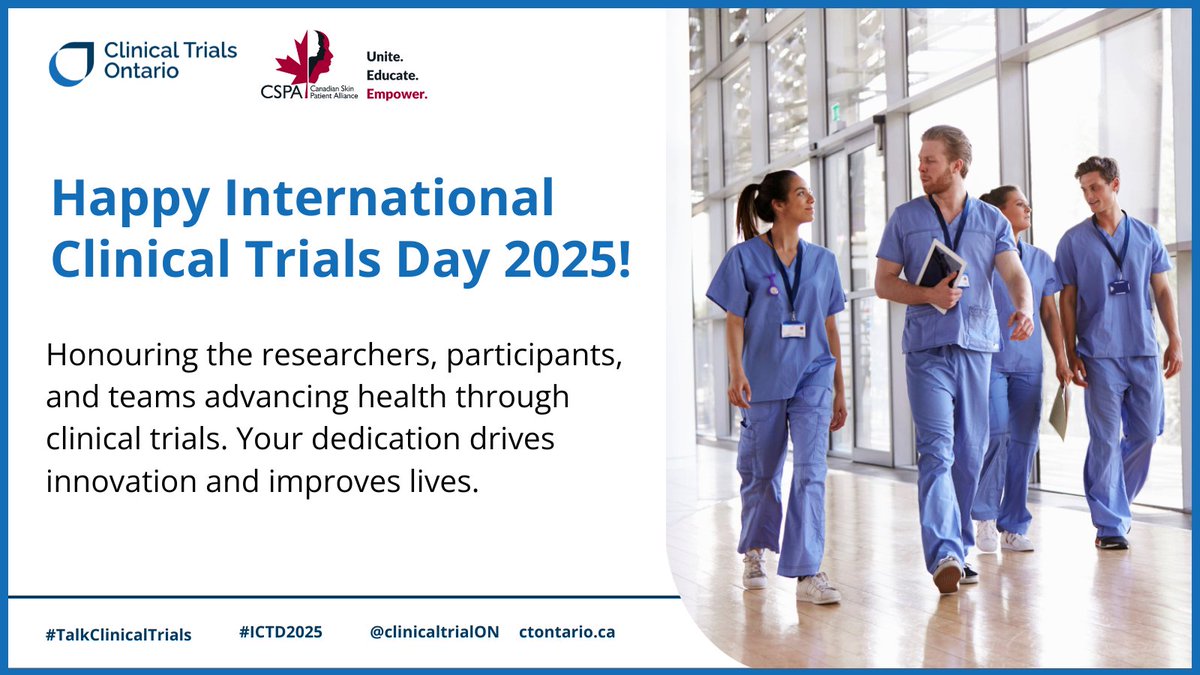 Happy International Clinical Trials Day! 

Today, we join @ClinicalTrialsON in celebrating the researchers, participants, and teams driving innovation and improving care. Thank you for your commitment to advancing health worldwide. 

#ICTD2025 #TalkClinicalTrials