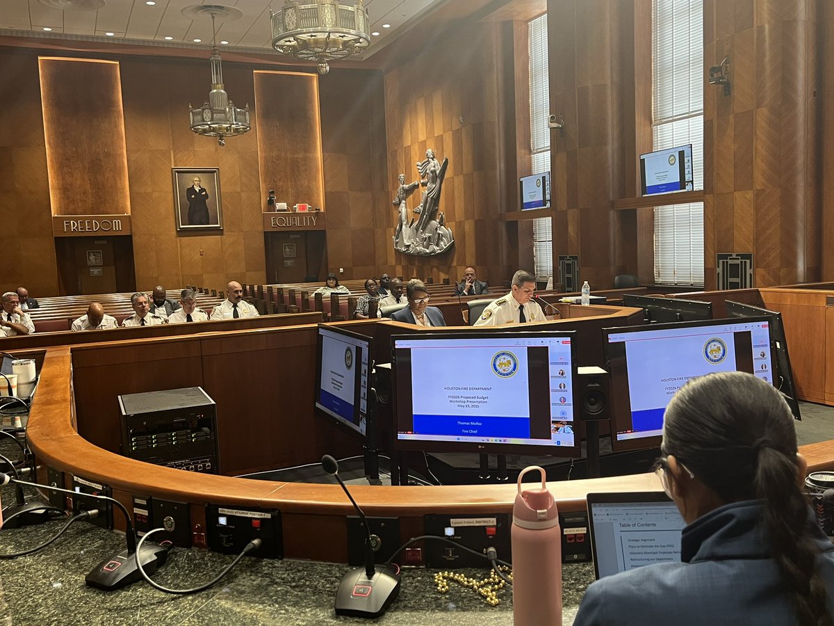 HFDChiefMunoz's tweet image. Here’s a couple photos from presenting at city council for next year’s budget. Our priorities will remain staffing, stations, and apparatus to keep us moving towards the world-class department I know we can become. Thanks to the command staff for their support.