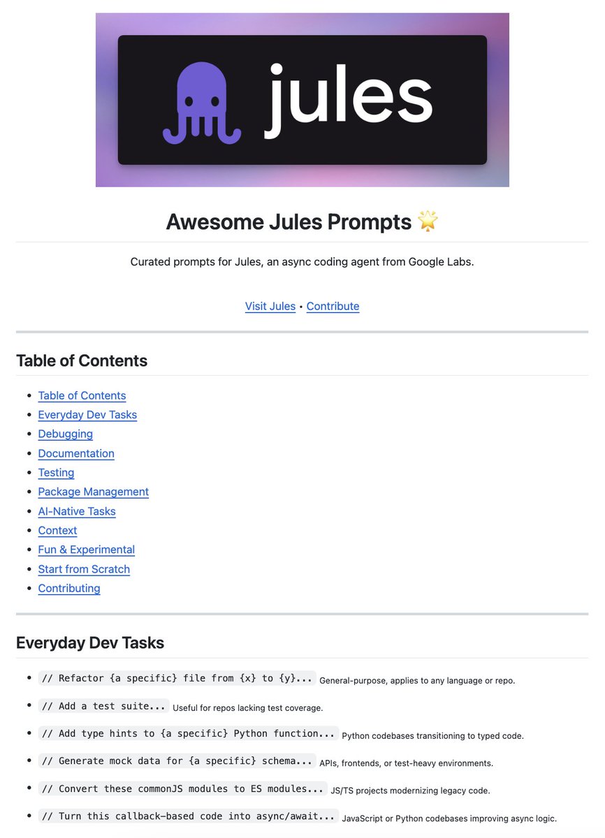 Saboo_Shubham_'s tweet photo. Google just released Asynchronous AI Coding Agent Jules. 

GitHub repository for Awesome Jules Prompt for all your coding tasks. https://t.co/pnm4jM9kWU