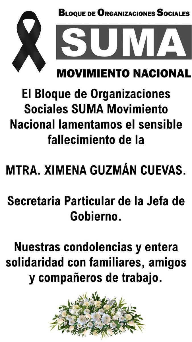 BOSSumaMN's tweet photo. Condenamos enérgicamente el cobarde crimen perpetrado en contra de la Mtra. Ximena Guzmán Cuevas y José Muñóz, Secretaria y Asesor de la Jefa de Gobierno @ClaraBrugadaM

Nuestras condolencias y solidaridad con familiares y amigos.

EXIGIMOS LA DETENCIÓN DE LOS RESPONSABLES. https://t.co/Fiuhu0YNOZ