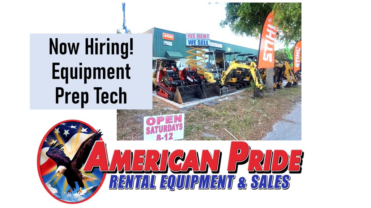 AmprideStore's tweet image. Now Hiring: Equipment Prep Tech at American Pride Rental Equipment And Sales in Sarasota FL. Full Time &amp;amp; No Nights or Sundays. This position provides Clean, Serviced, Ready To Rent Equipment. Call Vince at 941-706-3392 or stop by 4420 Ashton Rd, Sarasota
#nowhiring #AmericanPride