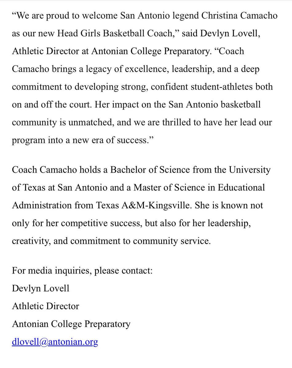 KSAT Nick Mantas (@ksatnick) on Twitter photo 🚨BREAKING🚨 <a href="/acpapaches/">Antonian Apache Athletics</a> have named Christina Camacho as their new <a href="/ACPGirlsBkball/">Antonian Girls Basketball</a> Head Coach! 👀🏀 Coach has over 38 years of experience and an overall coaching record of 826-286. #SanAntonio <a href="/ksatnews/">KSAT 12</a> <a href="/KSATbgc/">KSAT BGC</a> <a href="/KsatSportsNow/">KSAT 12 Sports</a> #weareantonian #rolltribe #acpgirlsbasketball 🚨BREAKING🚨 <a href="/acpapaches/">Antonian Apache Athletics</a> have named Christina Camacho as their new <a href="/ACPGirlsBkball/">Antonian Girls Basketball</a> Head Coach! 👀🏀 Coach has over 38 years of experience and an overall coaching record of 826-286. #SanAntonio <a href="/ksatnews/">KSAT 12</a> <a href="/KSATbgc/">KSAT BGC</a> <a href="/KsatSportsNow/">KSAT 12 Sports</a> #weareantonian #rolltribe #acpgirlsbasketball