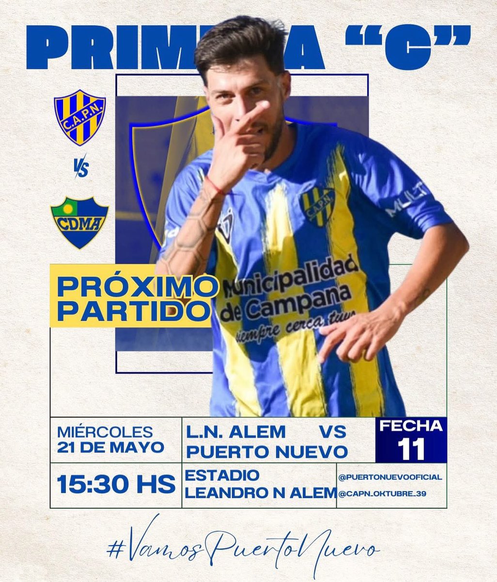 🔜 ¡𝗣𝗥𝗢́𝗫𝗜𝗠𝗢 𝗣𝗔𝗥𝗧𝗜𝗗𝗢!

⚽ #PrimeraC #Fecha11
🆚 ALEM
🗓 MIÉRCOLES 21 de Mayo
🕞 15:30 hs
🏟 Estadio LEANDRO N. ALEM
💻 YOUTUBE: Puerto Nuevo en Vivo X ASCENSO AUDIOVISUAL

#VamosPuertoNuevoCarajooo

⚓️🇺🇦
