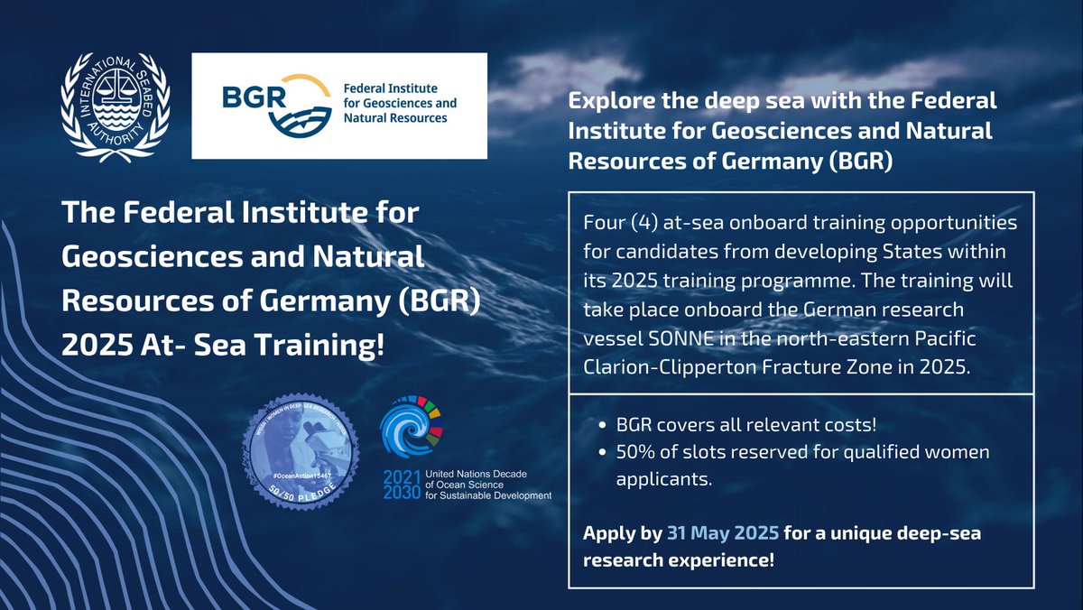 🚢 BGR is offering four at-sea onboard training opportunities for candidates from developing States with 50% of the slots reserved for qualified #women applicants.

🔗 Apply by 31 May 2025: bit.ly/3DRCBh5

#Cruise #MarineGeology #ApplyNow #Oceanography