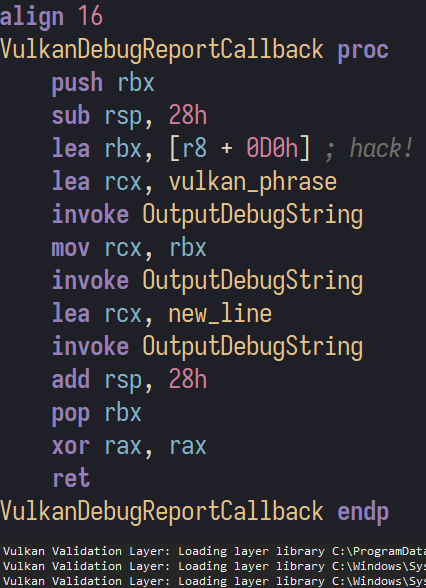 _x019_'s tweet photo. Just added Vulkan validation layers and debug callbacks to my assembly-based engine! Catching issues before they crash—because debugging raw x64 is fun, but not that fun.
#Vulkan #Assembly #GameDev #EngineDev #Debugging #Handmade #LowLevel #masm64 #gametech #graphicsprogramming #vulkanengine