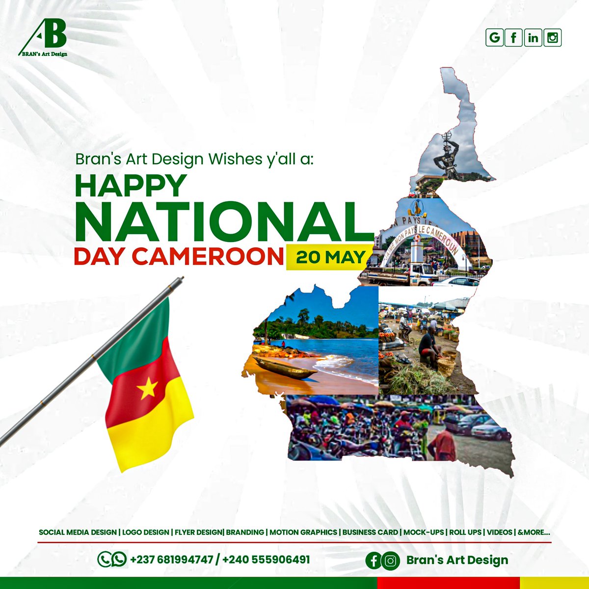 BrandaoPicture's tweet photo. Joyeuse Fête Nationale🇨🇲 
Wishing you a joyous National Day! 🇨🇲 May our designs bring a touch of pride and patriotism to your celebrations. Thank you for trusting Bran's Art Design with your creative needs.
#NationalDay #Patriotism #Cameroon #FêteNationale #bransartdesign #flyers https://t.co/AfvcVgwGrV