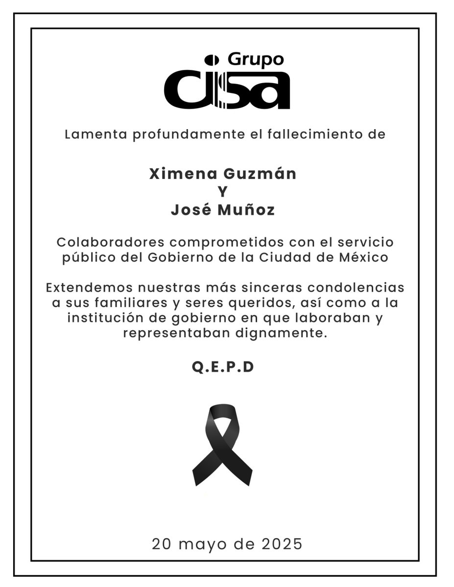 Grupo CISA (@cisamx) on Twitter photo Desde Grupo CISA lamentamos los hechos ocurridos en que colaboradores del <a href="/GobCDMX/">Gobierno de la Ciudad de México</a> encabezado por <a href="/ClaraBrugadaM/">Clara Brugada Molina</a> perdieron la vida. Nuestras más sinceras condolencias a sus familiares y amigos. Desde Grupo CISA lamentamos los hechos ocurridos en que colaboradores del <a href="/GobCDMX/">Gobierno de la Ciudad de México</a> encabezado por <a href="/ClaraBrugadaM/">Clara Brugada Molina</a> perdieron la vida. Nuestras más sinceras condolencias a sus familiares y amigos.