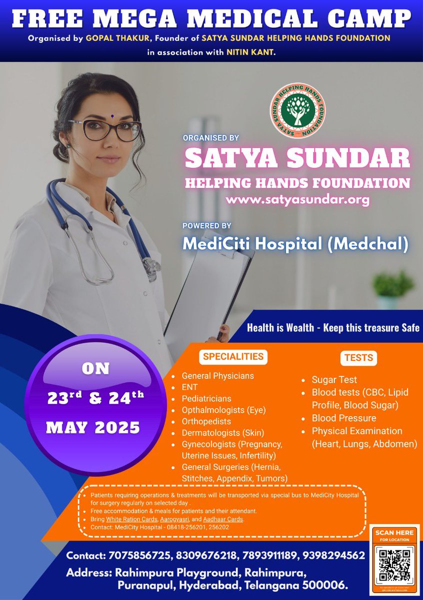 nitinkantm's tweet photo. Health is indeed wealth. Join us in this noble initiative- Our free health camp-
A Satya Sundar Helping Hands Foundation initiative in association with Mediciti Hospital

Find all the details 👇 

It’s never late to take care of yourself https://t.co/9crZYEW6IV