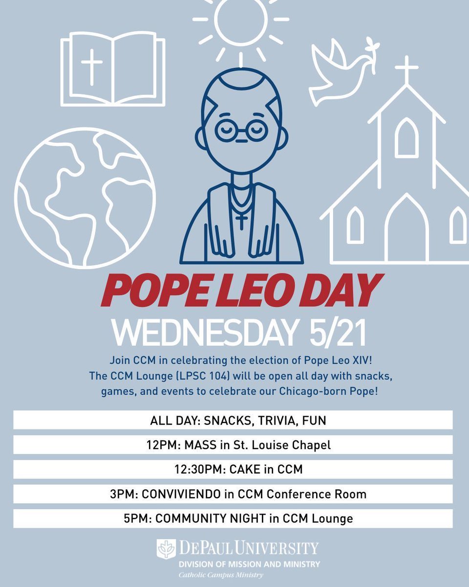 depaulccm's tweet photo. Speaking of celebrating Pope Leo, join us for an eventful Pope Leo Day tomorrow! We'll have snacks, trivia, prayer, and lots of fun as a community! https://t.co/6jIrX4L67v