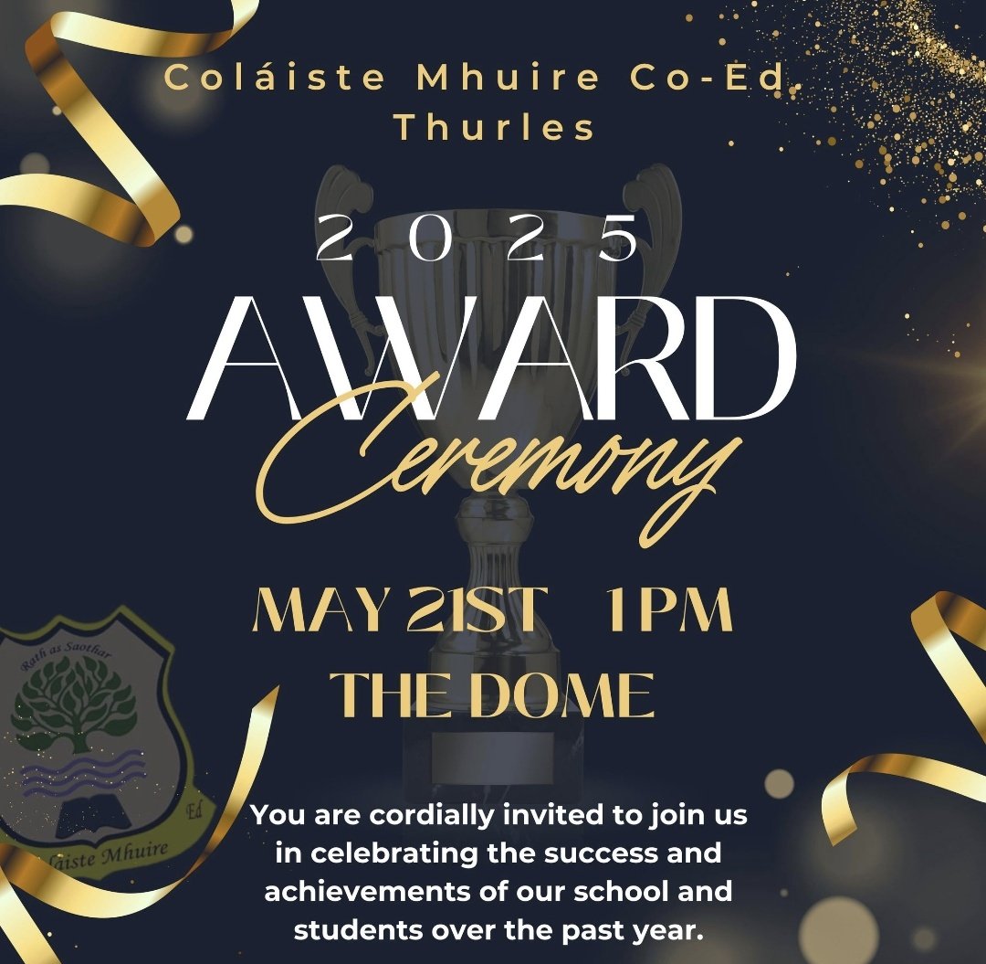 Coláiste Mhuire Co-Ed. (@colmhuirecoed) on Twitter photo 🎉🏆Join <a href="/colmhuirecoed/">Coláiste Mhuire Co-Ed.</a> school community for an afternoon of celebration!🏆🎉
We are thrilled to invite you to our 2025 Awards Ceremony ✨
📅 Tomorrow May 21st
🕐 1 PM
📍 The Dome
#rathassaothar #etbethos #excellence #celebratingsuccess #awards2025 <a href="/TipperaryETB/">Tipperary Education and Training Board</a> <a href="/thurles_ie/">thurles.ie</a> 🎉🏆Join <a href="/colmhuirecoed/">Coláiste Mhuire Co-Ed.</a> school community for an afternoon of celebration!🏆🎉
We are thrilled to invite you to our 2025 Awards Ceremony ✨
📅 Tomorrow May 21st
🕐 1 PM
📍 The Dome
#rathassaothar #etbethos #excellence #celebratingsuccess #awards2025 <a href="/TipperaryETB/">Tipperary Education and Training Board</a> <a href="/thurles_ie/">thurles.ie</a>