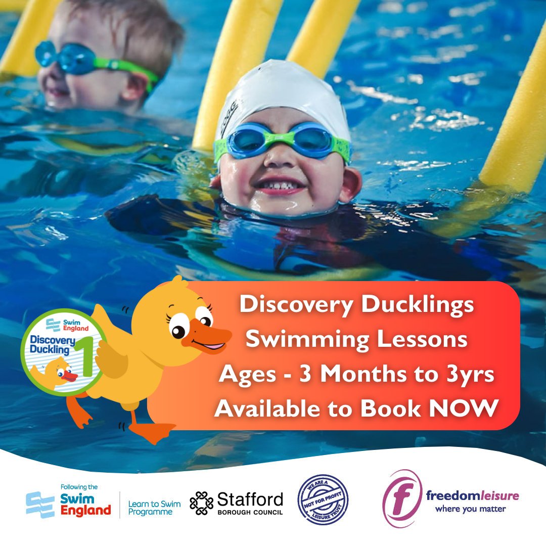 Discovery Duckling Swimming Lessons AVAILABLE NOW at Stafford Leisure Centre:

💻Click here to enquire now! - ow.ly/Qe3y50VThKJ

📞Call us on 01785 619500

🗺️Find us at - Lammascote Road, Stafford, ST16 3TA
