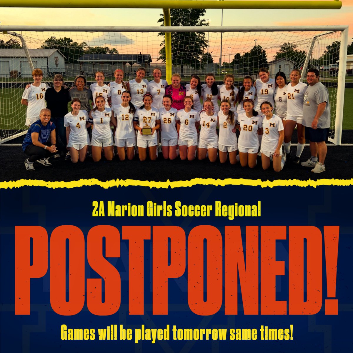 Alert! Tonight's regional soccer games have been postponed to tomorrow because of the severe weather forecast! We'll keep the same start times of 4:30 and 6:30 PM tomorrow!