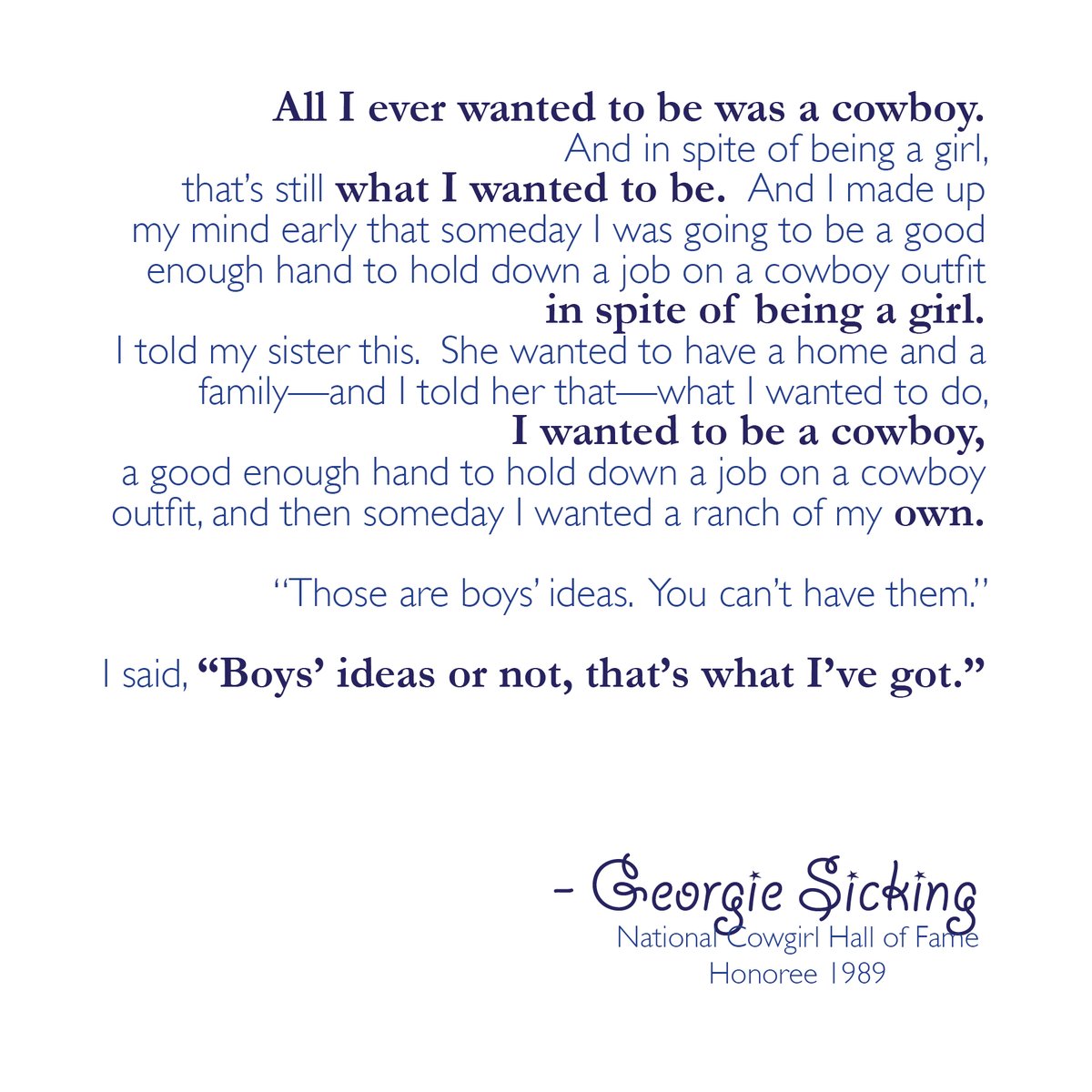 Happy Birthday to 1989 #CowgirlHallofFame Honoree Georgia Sicking, whose timeless words continue to inspire generations of women and the girls they raise. #TheCowgirl #TheNationalCowgirlMuseum #CowgirlCulture #CowgirlStrong #FortWorth #Museums
