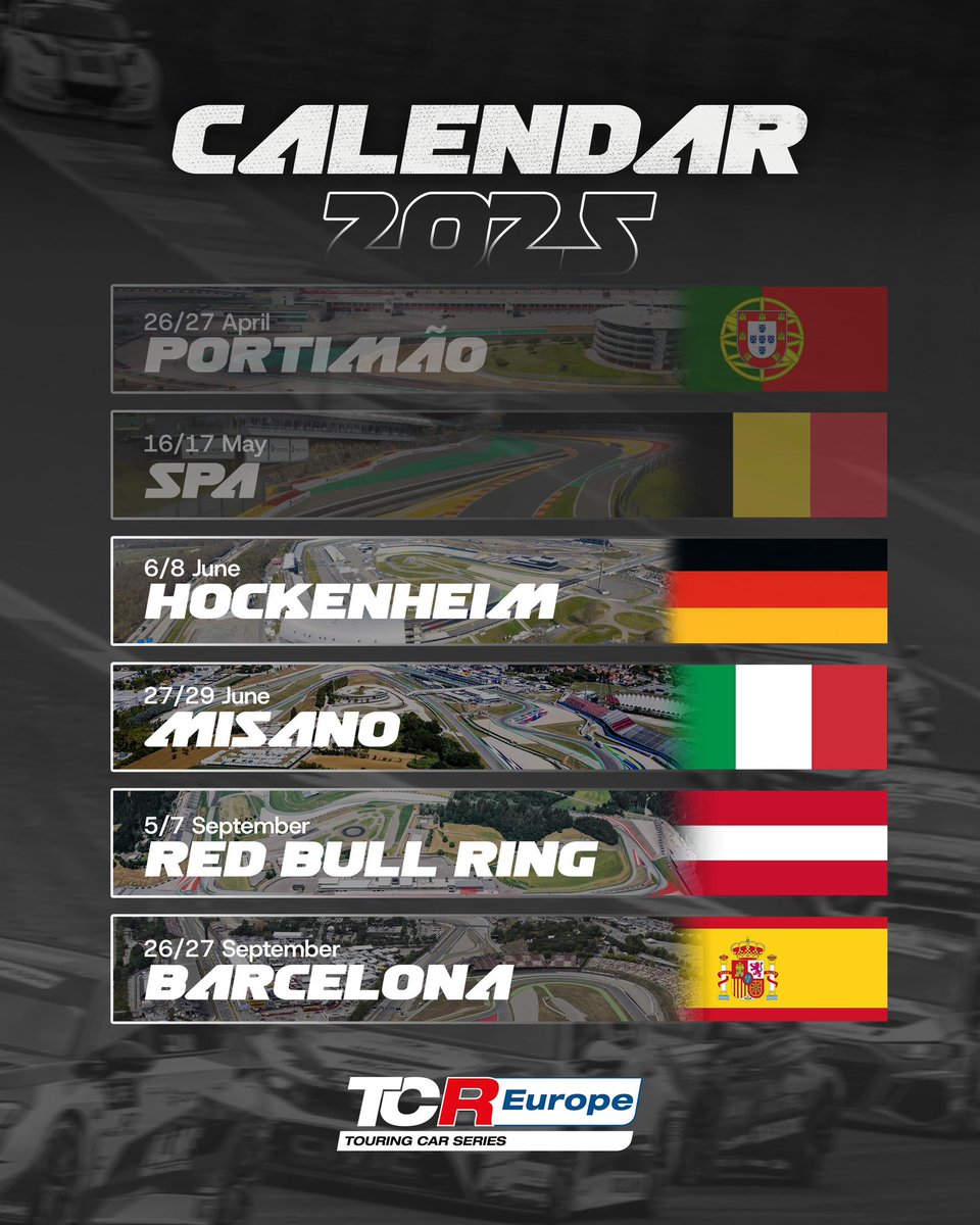 2 rounds down, 4 to go in the 2025 #TCREurope season!
Here’s what’s coming next:

🇵🇹 Portimão – ✅
🇧🇪 Spa – ✅
🇩🇪 Hockenheim – June 6–8
🇮🇹 Misano – June 27–29
🇦🇹 Red Bull Ring – Sept 5–7
🇪🇸 Barcelona – Sept 26–27

Who’s your bet for the title?
#RaceCalendar #TCRSeries