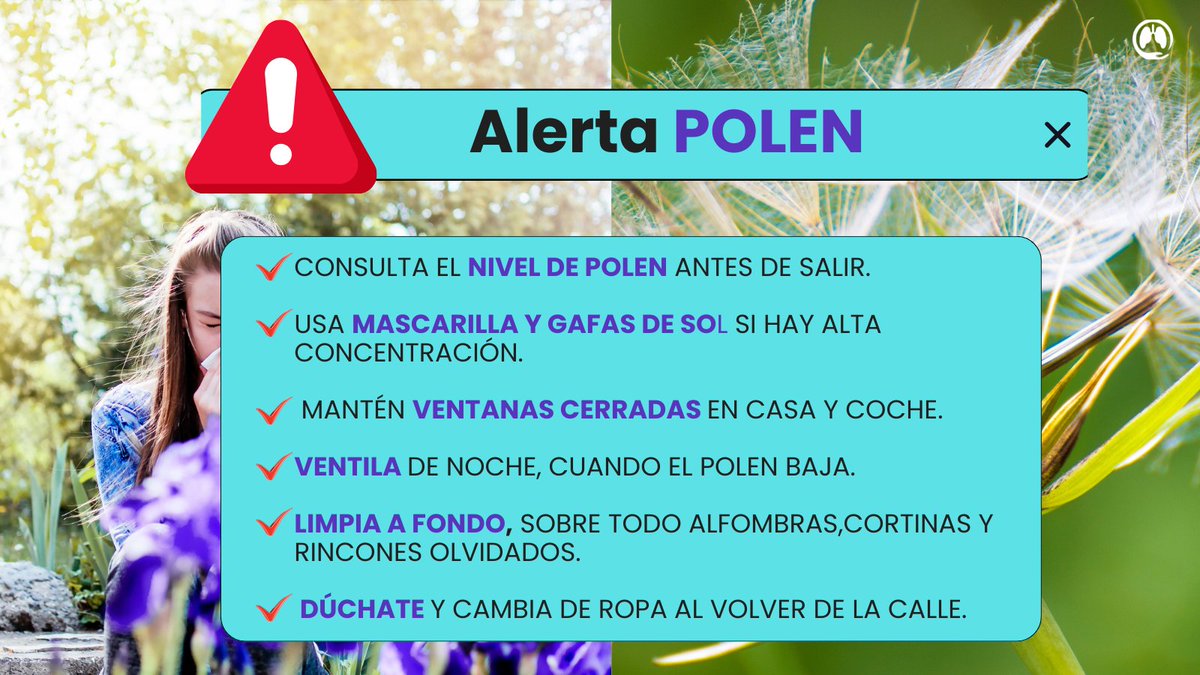 ‼️No bajes la guardia
La primavera no ha terminado… y el polen tampoco.
Lo peor está aún por llegar las próximas semanas, con niveles muy altos, sobre todo de gramíneas, según la <a href="/SEAIC_Alergia/">SEAIC</a> 
👉 Si padeces #asma alérgica, sigue estas recomendaciones y refuerza los cuidados.