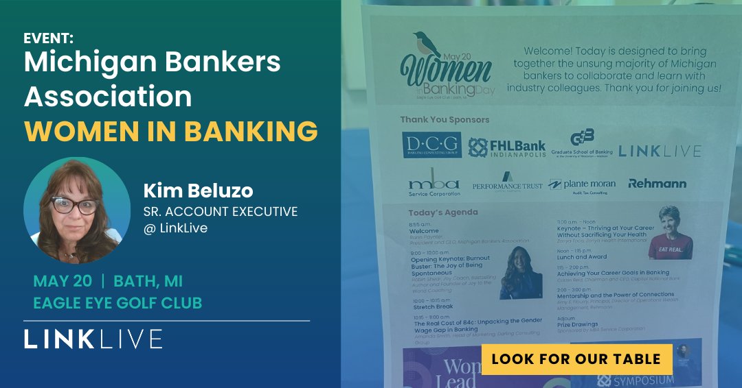 👩‍💼 LinkLive is proud to sponsor the Michigan Bankers Association’s Women in Banking Day happening May 20 at Eagle Eye Golf Club in Bath, MI. This event brings together inspiring voices and industry leaders to collaborate, learn, and grow — and we’re thrilled to be part of it.
