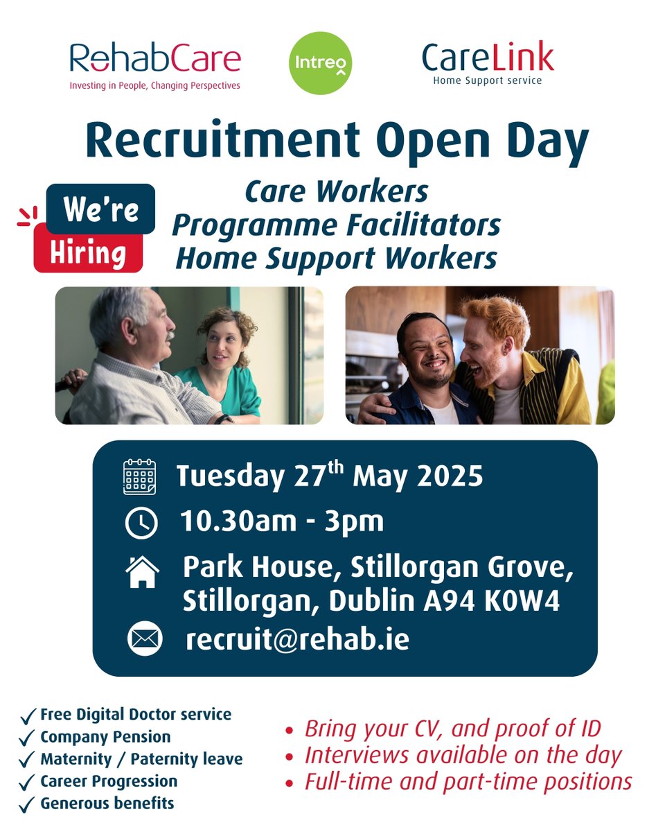Announcing our Recruitment Open Day!
Tuesday 27th May, at Park House, Stillorgan, #Dublin. Join our health &amp; social care services, supporting people with disabilities and older people to live independent lives.
eventbrite.ie/e/rehabcare-an…
#ThriveAchieveShine #Careers