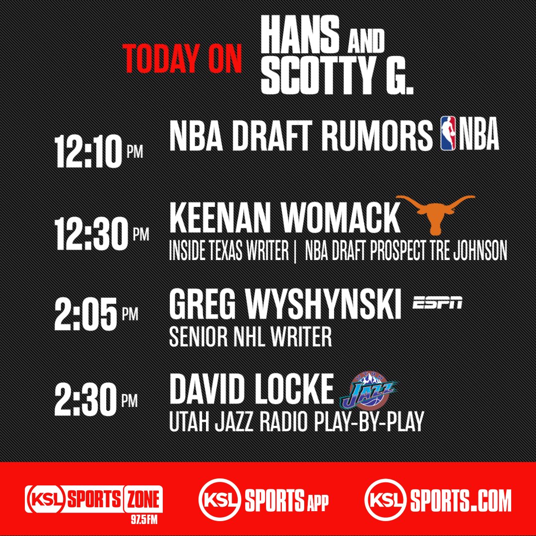 Lloyd Cole (@lloydcolezone) on Twitter photo It’s a Tuesday edition of Hans & Scotty:
- walk-off HR witnesses
- NBA rumors
- draft prospect Tre Johnson
- NHL playoffs
- NFL
- NBA conf Finals
- <a href="/KeenanWomack/">Keenan Womack</a>
- <a href="/wyshynski/">Greg Wyshynski</a>
- <a href="/DLocke09/">David Locke</a>
+ MORE
🗣️ <a href="/975Hans/">Hans Olsen</a> <a href="/ScottyGZone/">Scott Garrard</a>
📱 <a href="/kslsports/">KSL Sports</a> app
🎧 tuner.bonneville.com/?KZNS-FM It’s a Tuesday edition of Hans & Scotty:
- walk-off HR witnesses
- NBA rumors
- draft prospect Tre Johnson
- NHL playoffs
- NFL
- NBA conf Finals
- <a href="/KeenanWomack/">Keenan Womack</a>
- <a href="/wyshynski/">Greg Wyshynski</a>
- <a href="/DLocke09/">David Locke</a>
+ MORE
🗣️ <a href="/975Hans/">Hans Olsen</a> <a href="/ScottyGZone/">Scott Garrard</a>
📱 <a href="/kslsports/">KSL Sports</a> app
🎧 tuner.bonneville.com/?KZNS-FM