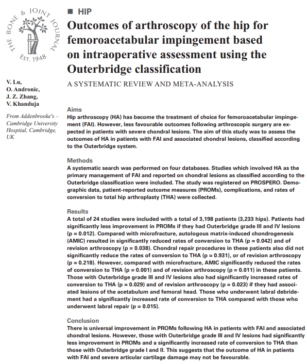 There is universal improvement in PROMs following hip arthroscopy in patients with FAI &amp; associated chondral lesions. However, those with Outerbridge grade III &amp; IV lesions had significantly less improvement.

#Arthroscopy #FAI #Lesion <a href="/CambridgeHipDoc/">Vikas Khanduja</a>

ow.ly/Jknu50VV1fH