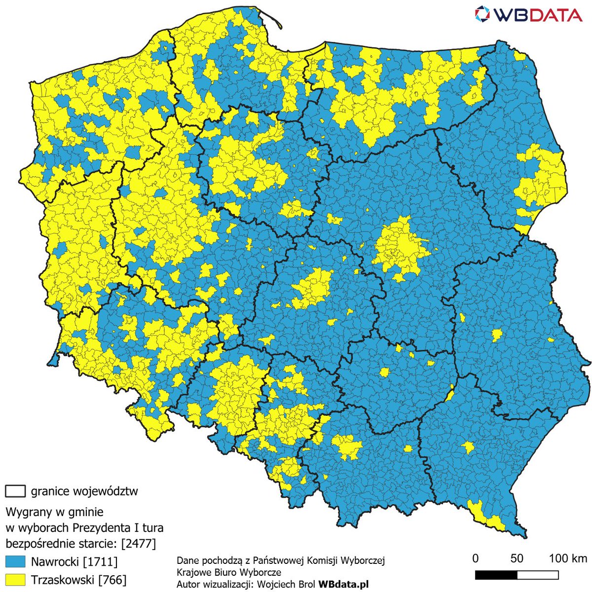 wbdata's tweet image. Na początek przepraszam za wprowadzenie w błąd. Mapa bezpośredniego pojedynku @trzaskowski_  vs. @NawrockiKn  była błędna. Teraz już jest poprawiona #WyboryPrezydenckie2025 dziękuję mojemu imiennikowi za informację o błędzie.